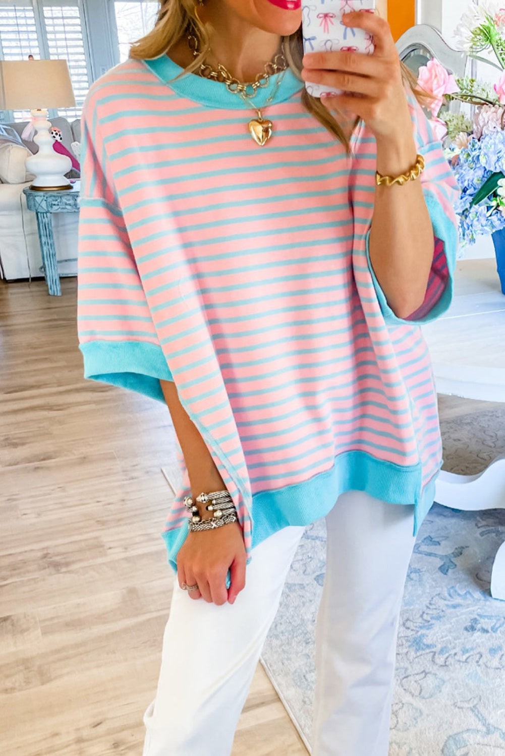 Green Stripe Colorblock Drop Sleeve Loose Top