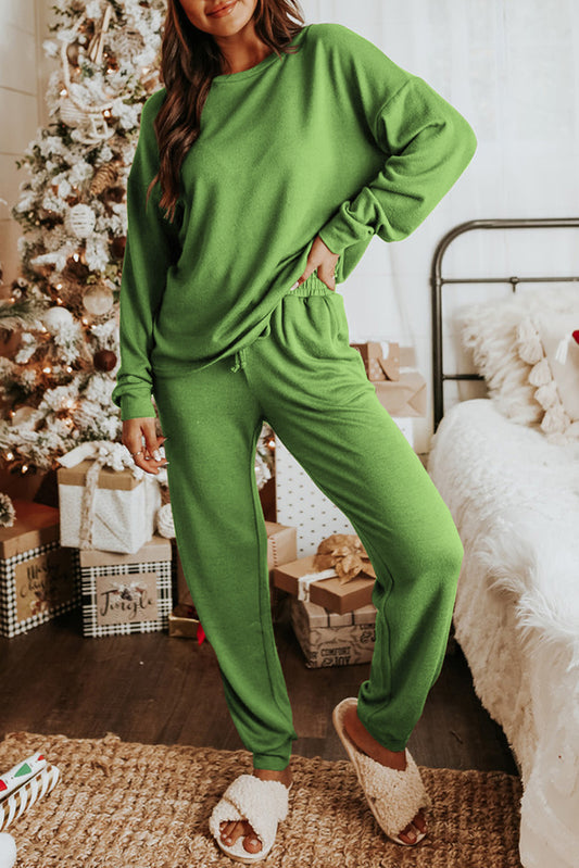 Spinach Green Long Sleeve Pullover & Jogger Pants Lounge Set