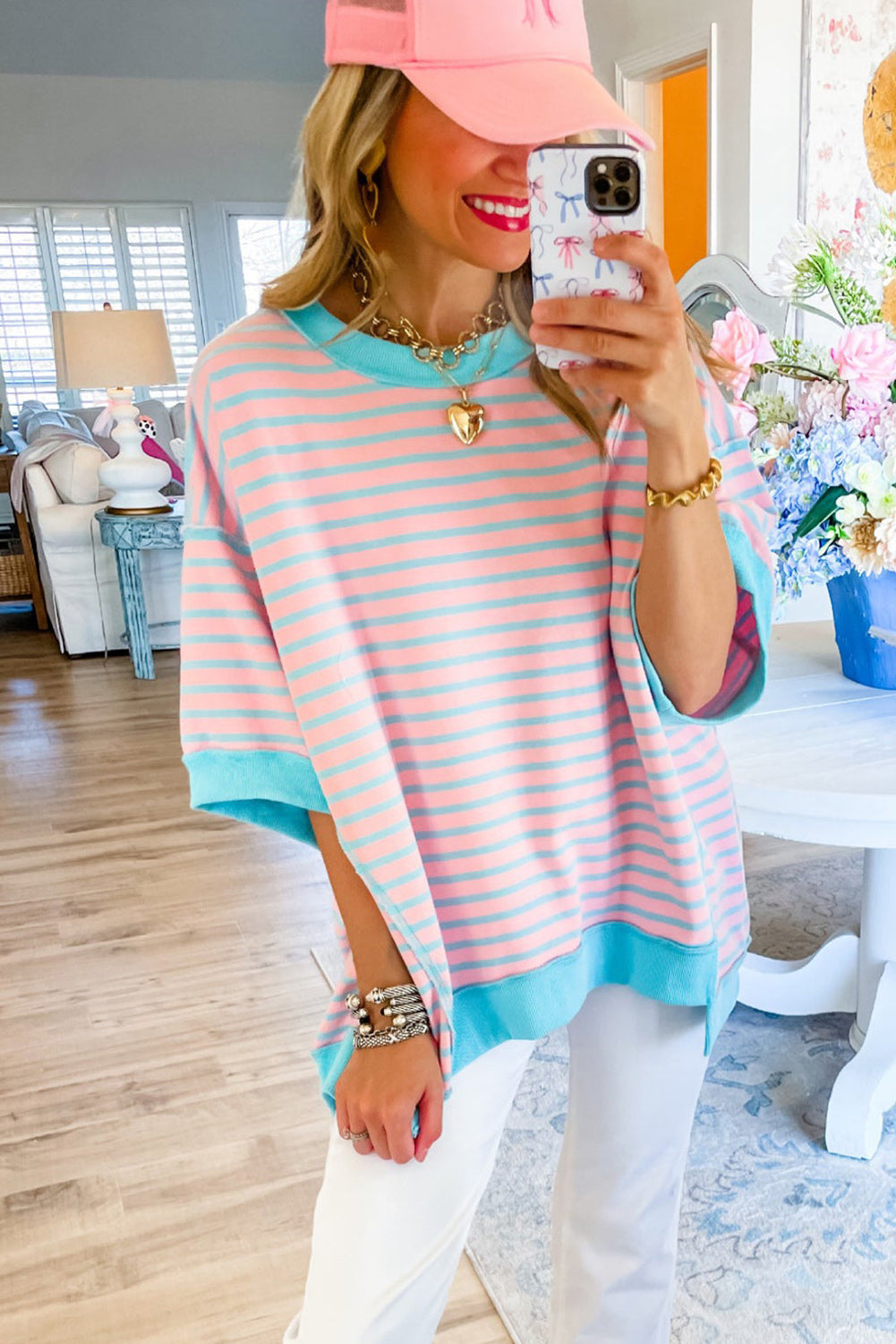 Green Stripe Colorblock Drop Sleeve Loose Top