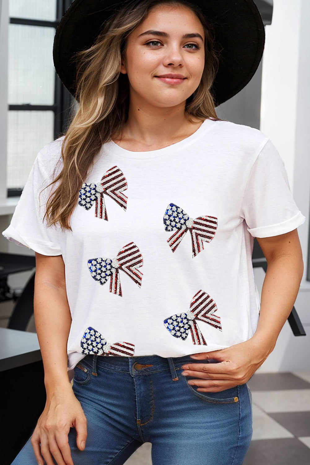 White Sequined American Flag Bow Knot Graphic Plus Size Tee