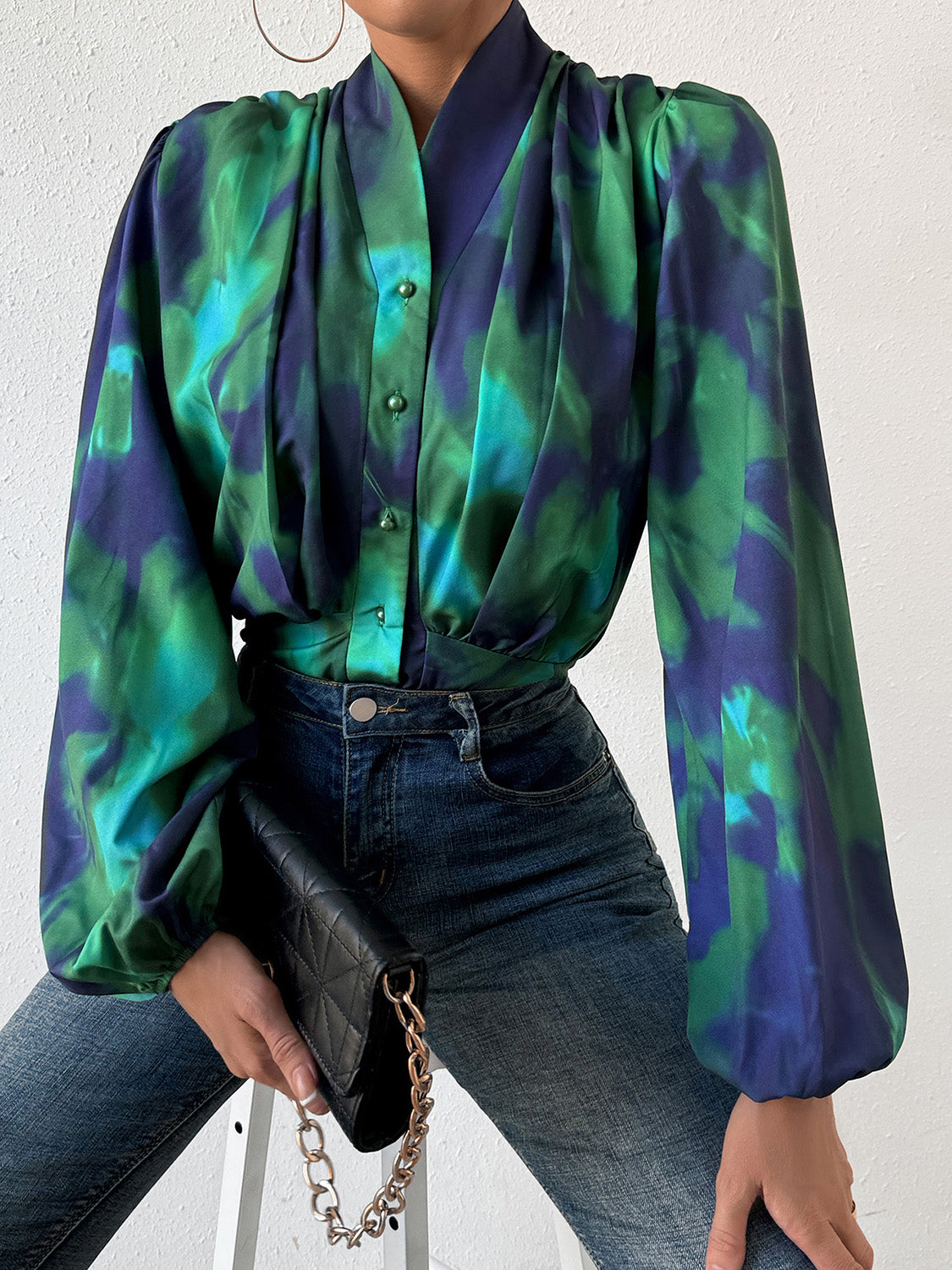 Honey Tie-Dye Button Up Balloon Sleeve Blouse