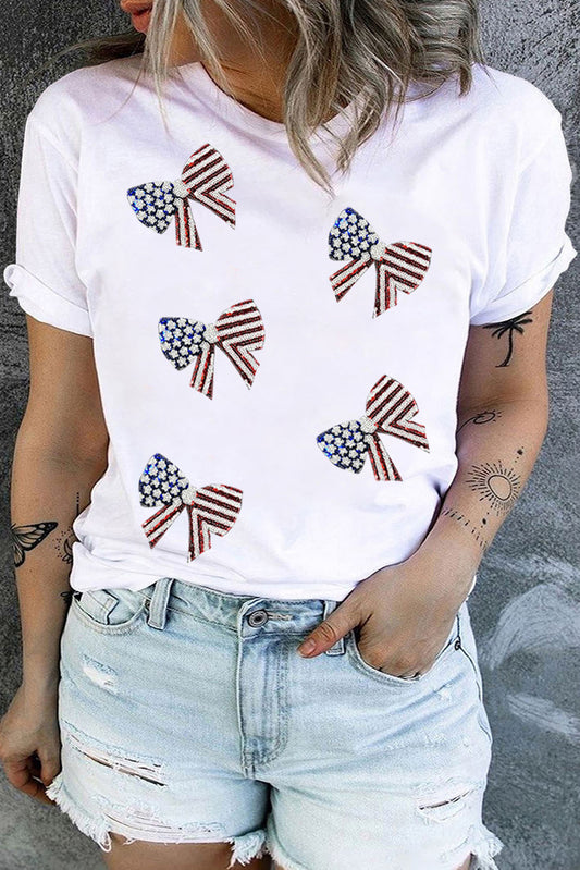 White Sequined American Flag Bow Knot Graphic Plus Size Tee