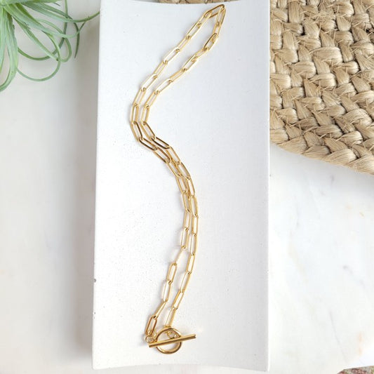 18k Gold Plated Paper Clip Chain with Toggle Clasp