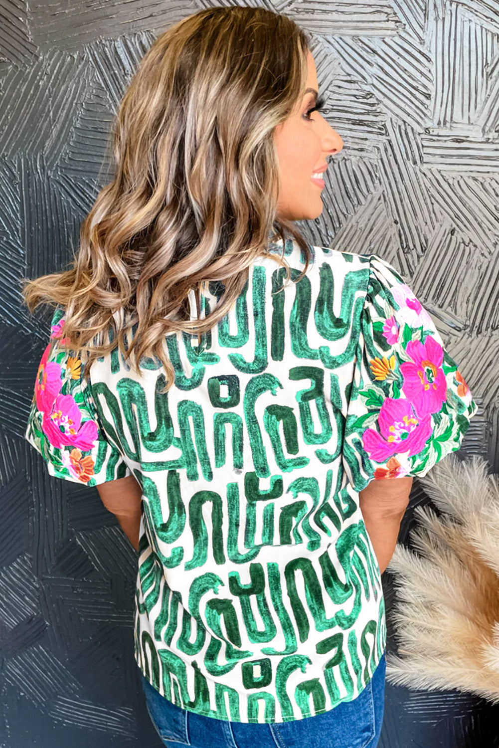 Blackish Green Abstract Floral Print Frilled Neck Puff Sleeve Blouse