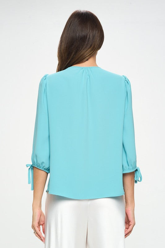 Solid V neck Top with Self Tie Sleeves