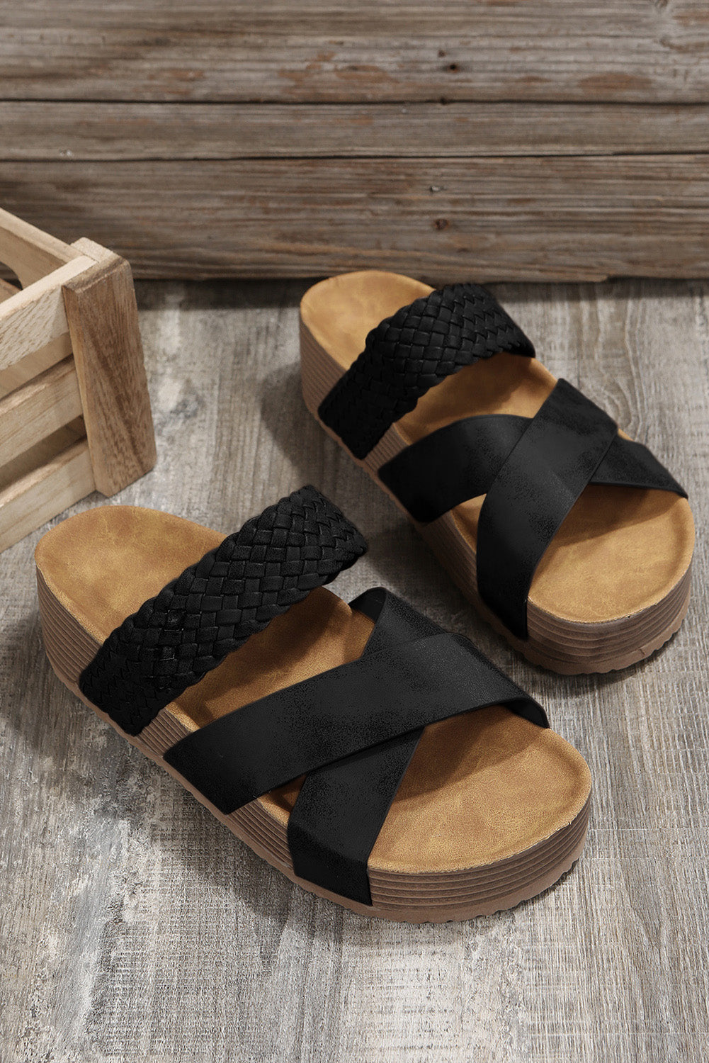 Black Braided Detail Criss Cross Platform Slippers