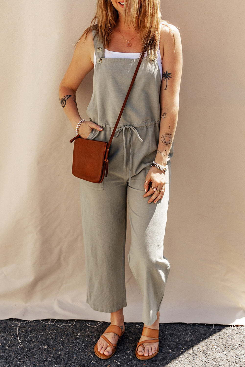 Sage Green Buttoned Straps Drawstring Cropped Jumpsuit