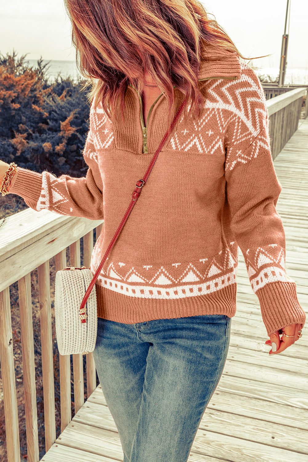 Pink Casual Geometric Knit Quarter Zip Sweater