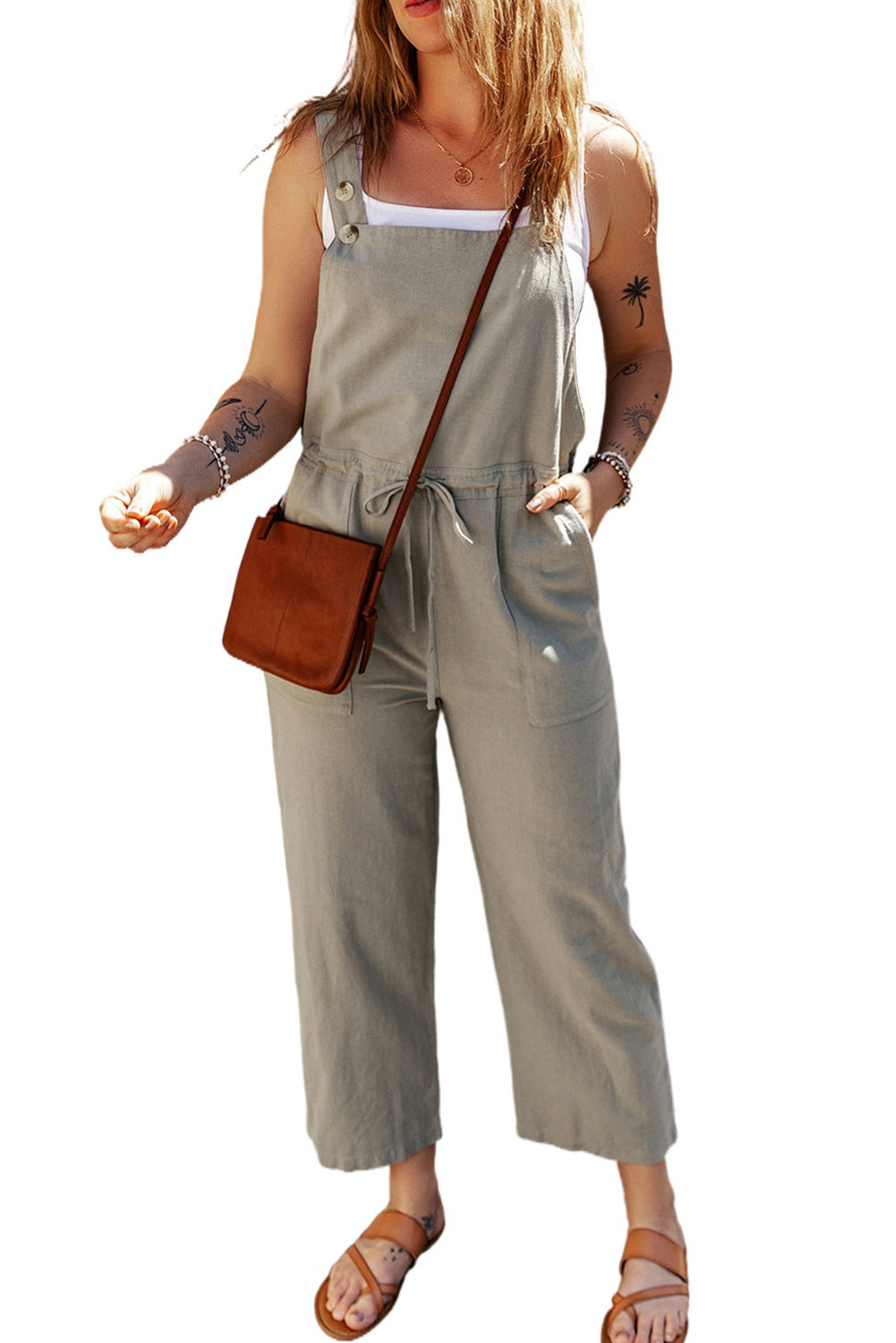 Sage Green Buttoned Straps Drawstring Cropped Jumpsuit