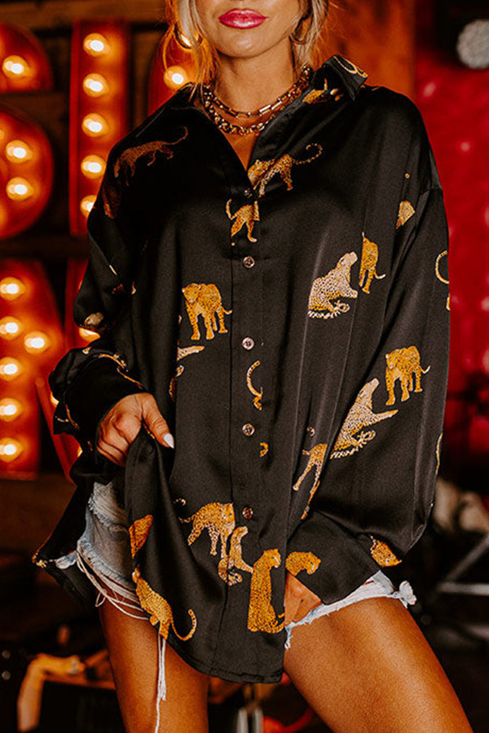 Rose Red Animal Print Button Up Satin Shirt