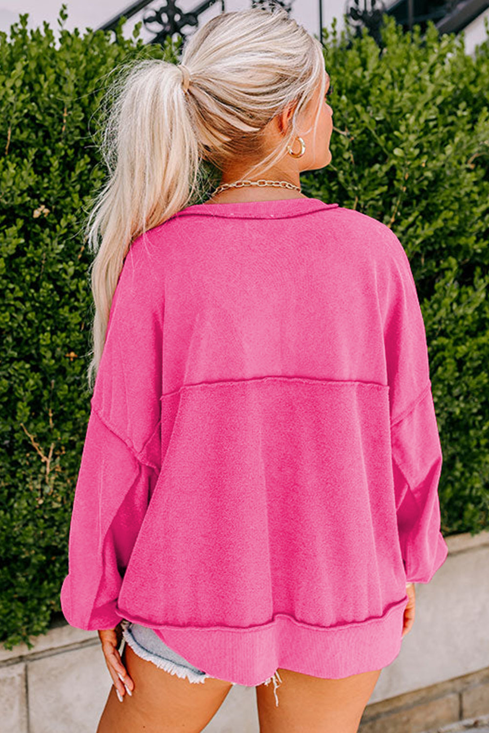 Hot Pink Slouchy Drop Shoulder Henley Sweatshirt