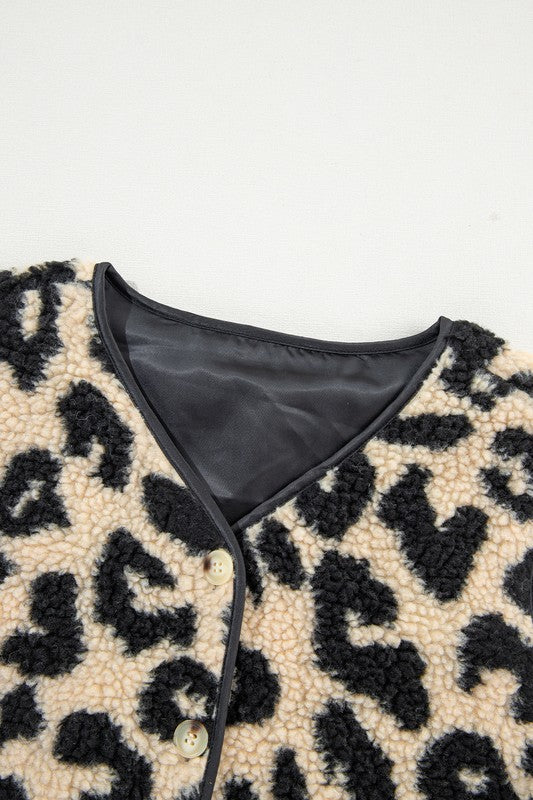 Leopard Print Sherpa Button Front Vest Coat