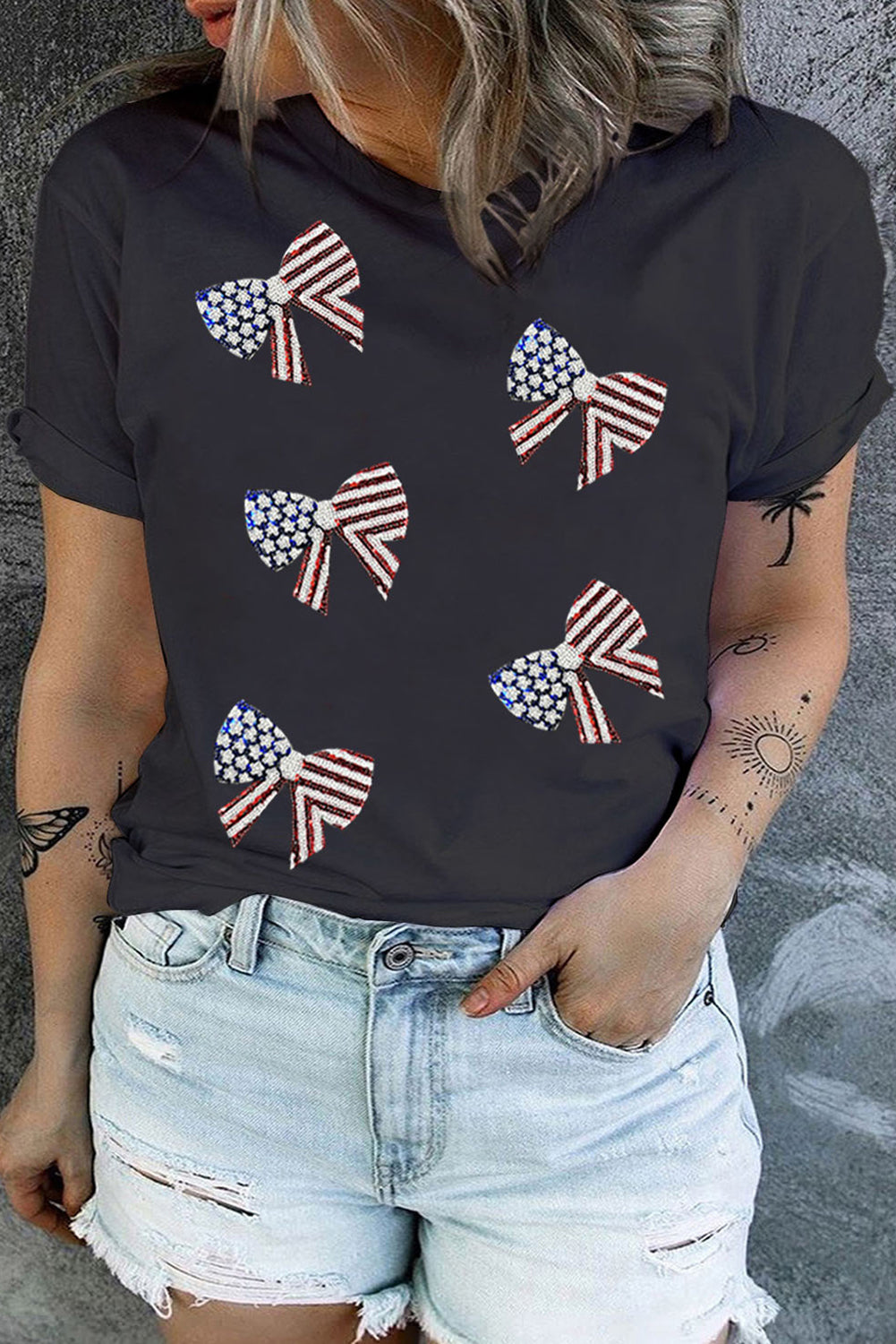 White Sequined American Flag Bow Knot Graphic Plus Size Tee