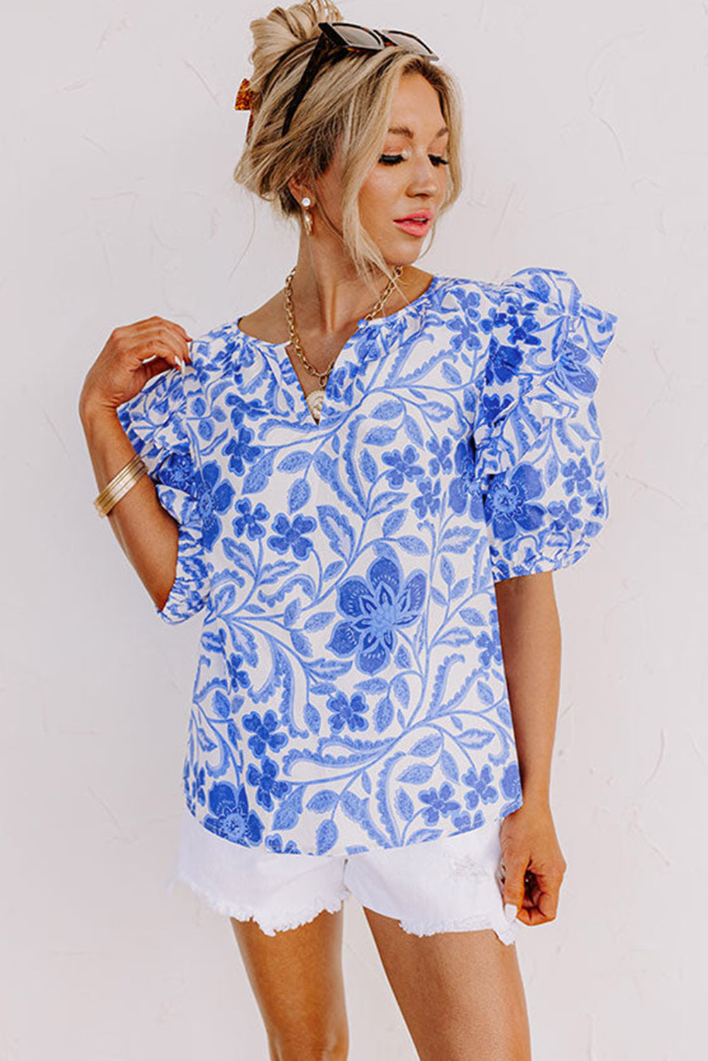 Dark Blue Floral Print Ruffled Bubble Sleeve Blouse