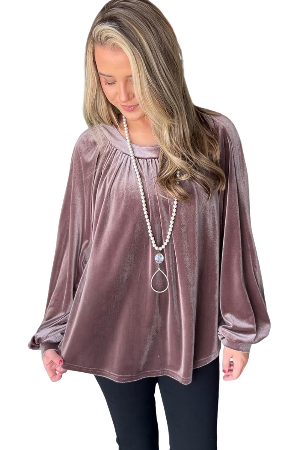 Rose Velvet Pleated Keyhole Back Bubble Sleeve Blouse