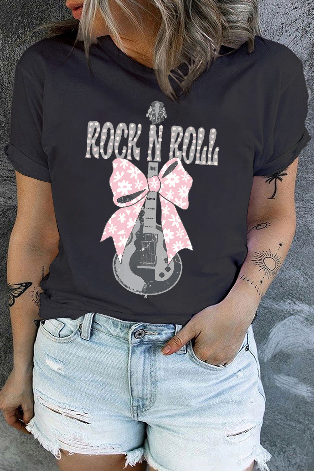 Black ROCK N ROLL Bowknot Guitar Graphic Plus Size T Shirt