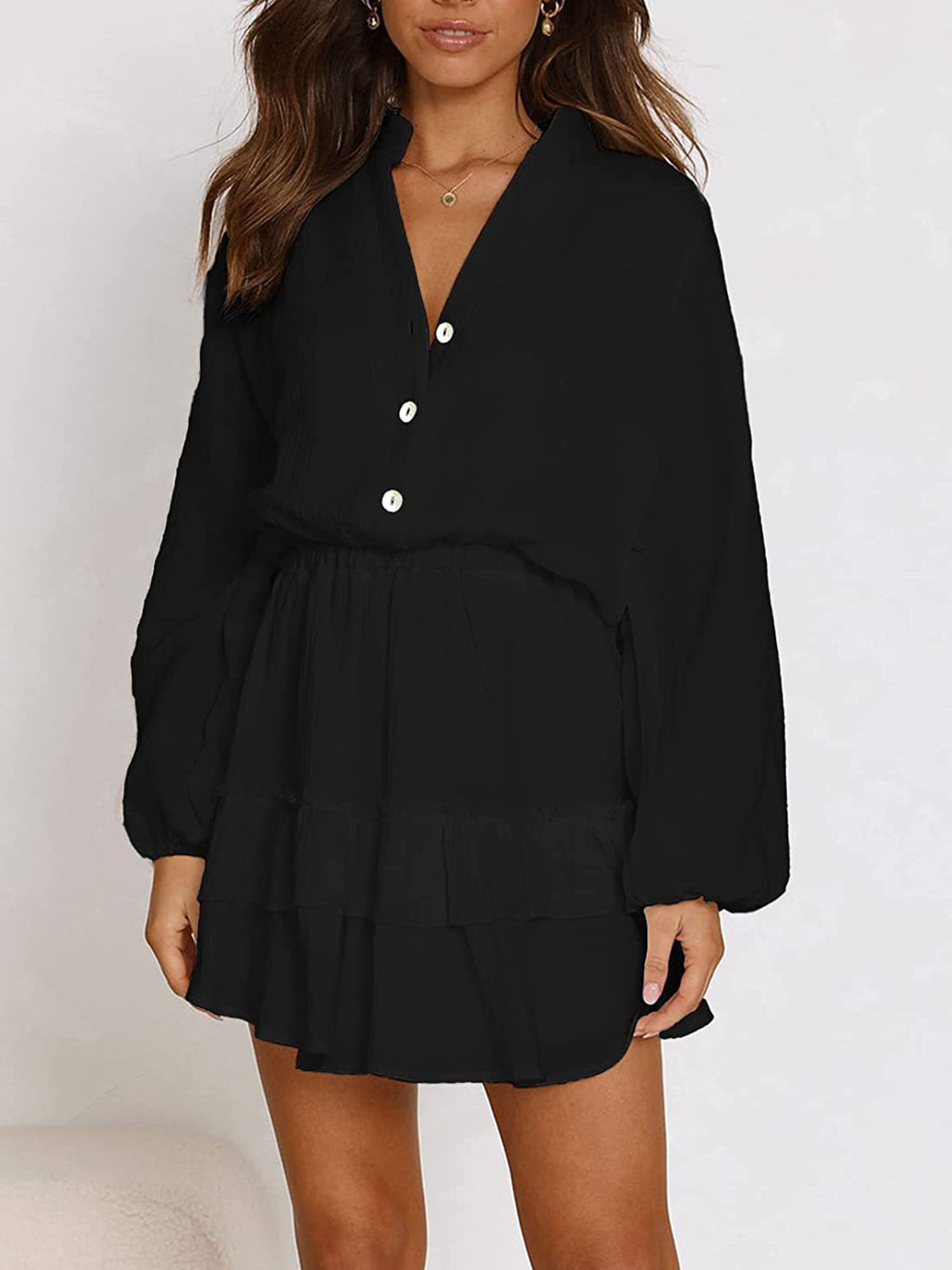 Ruffled Notched Balloon Sleeve Mini Dress