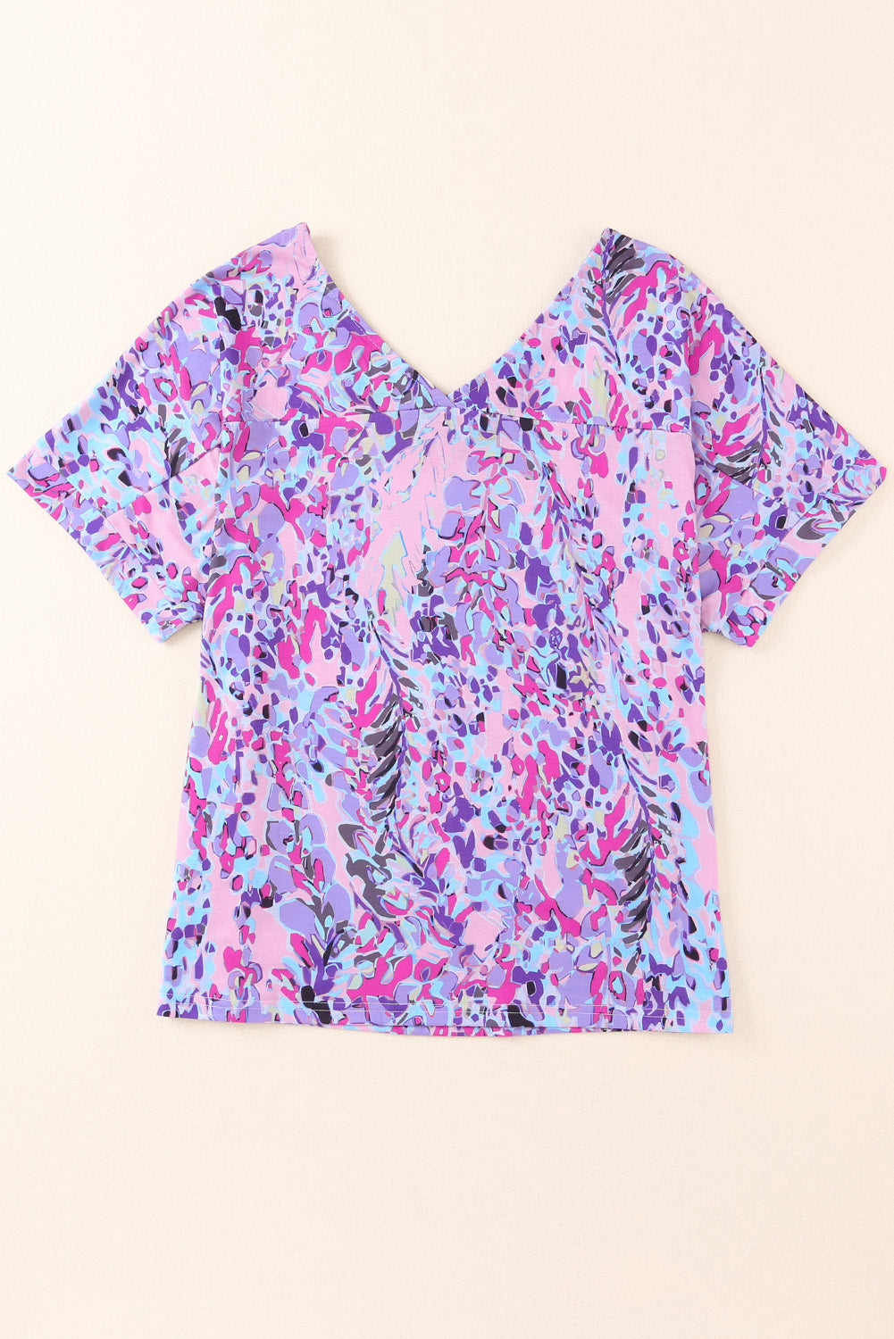 Pink Boho Abstract Floral Print V Neck T Shirt