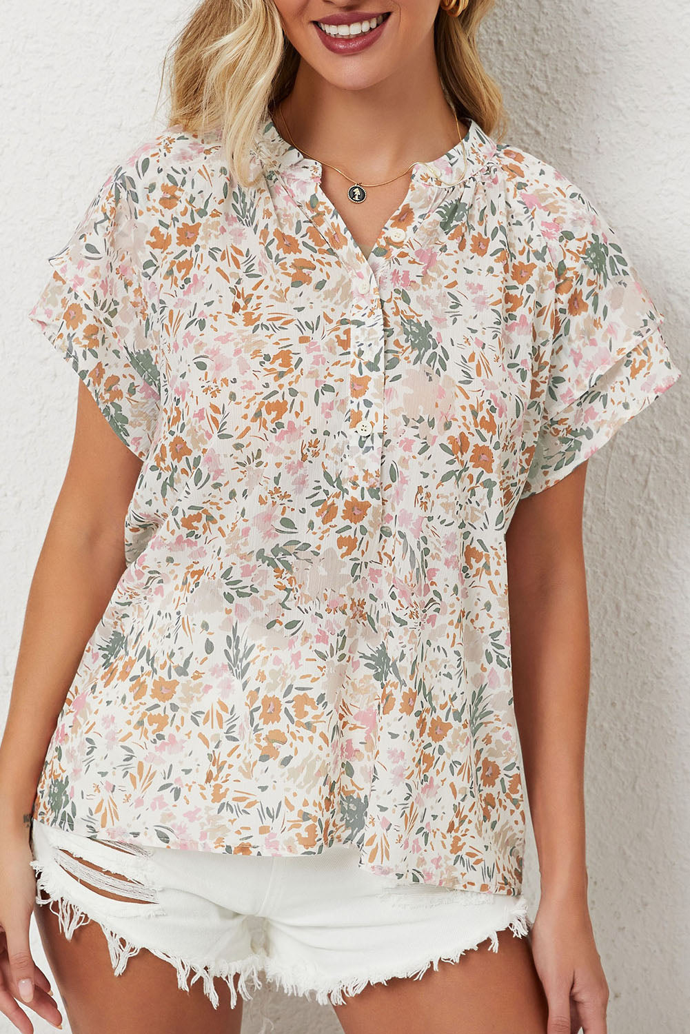 Multicolor Plus Size Floral Mandarin Collar Blouse