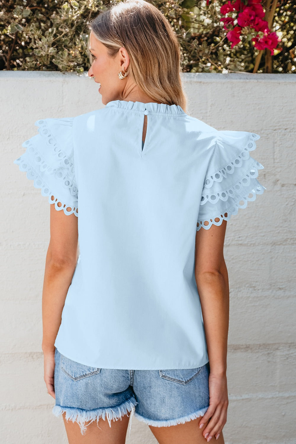 Ruffled Eyelet Round Neck Cap Sleeve Blouse