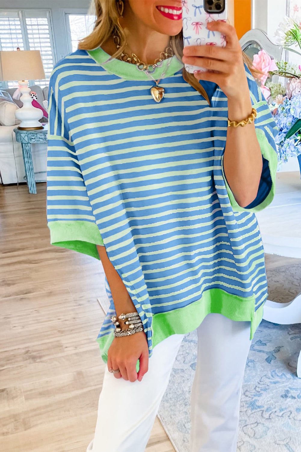 Green Stripe Colorblock Drop Sleeve Loose Top