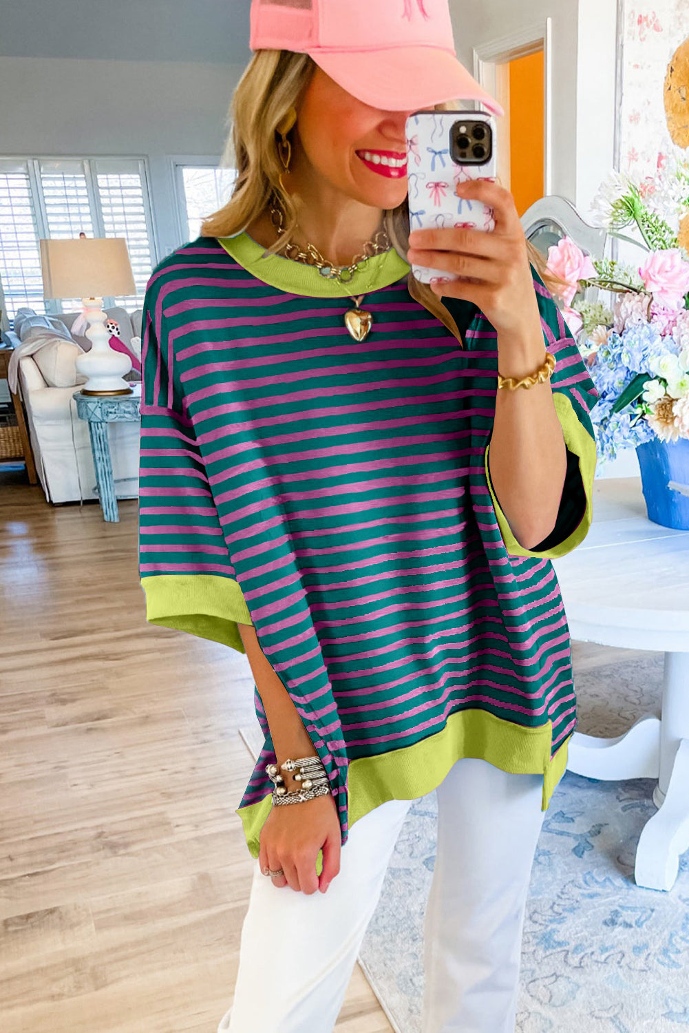 Green Stripe Colorblock Drop Sleeve Loose Top