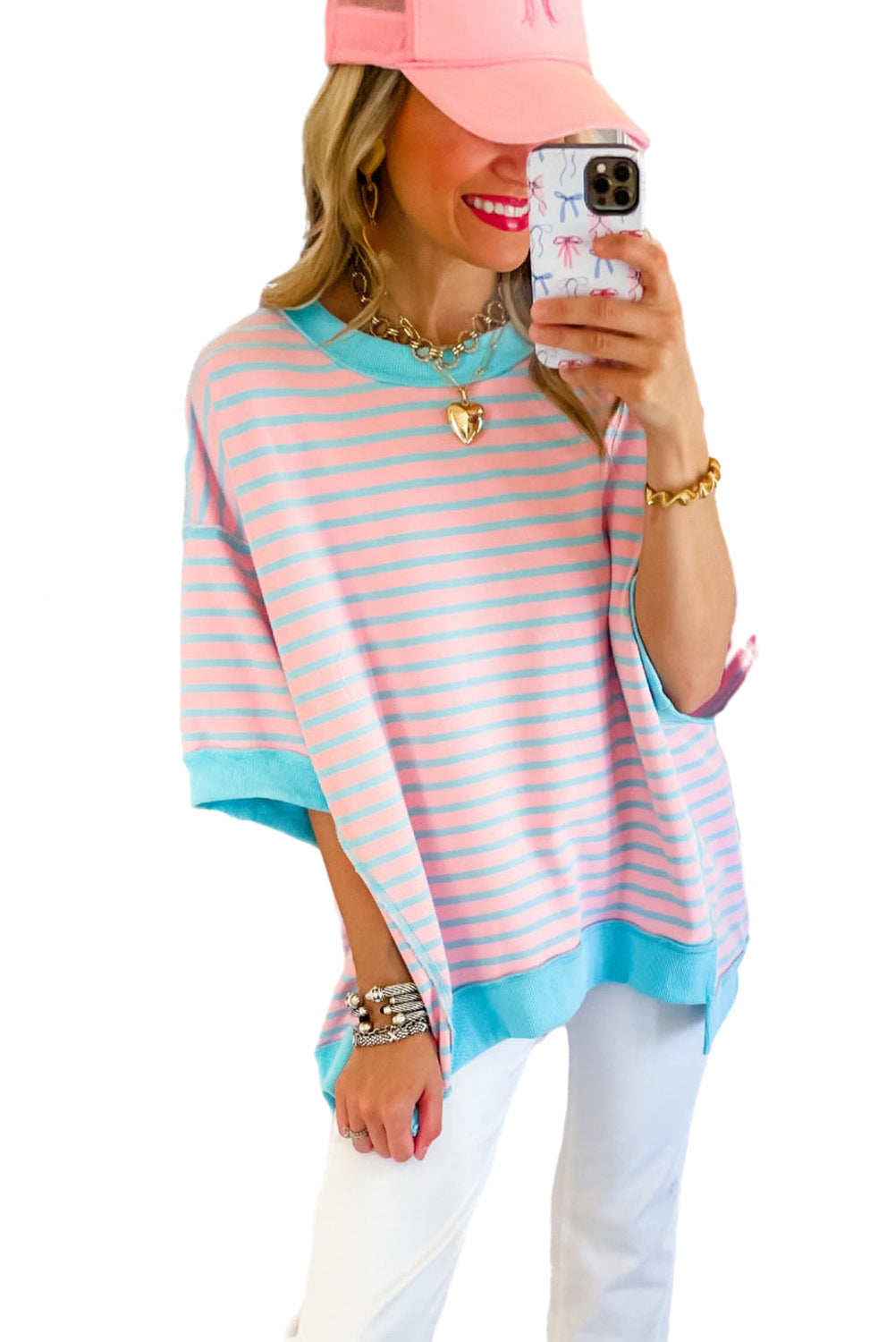 Green Stripe Colorblock Drop Sleeve Loose Top