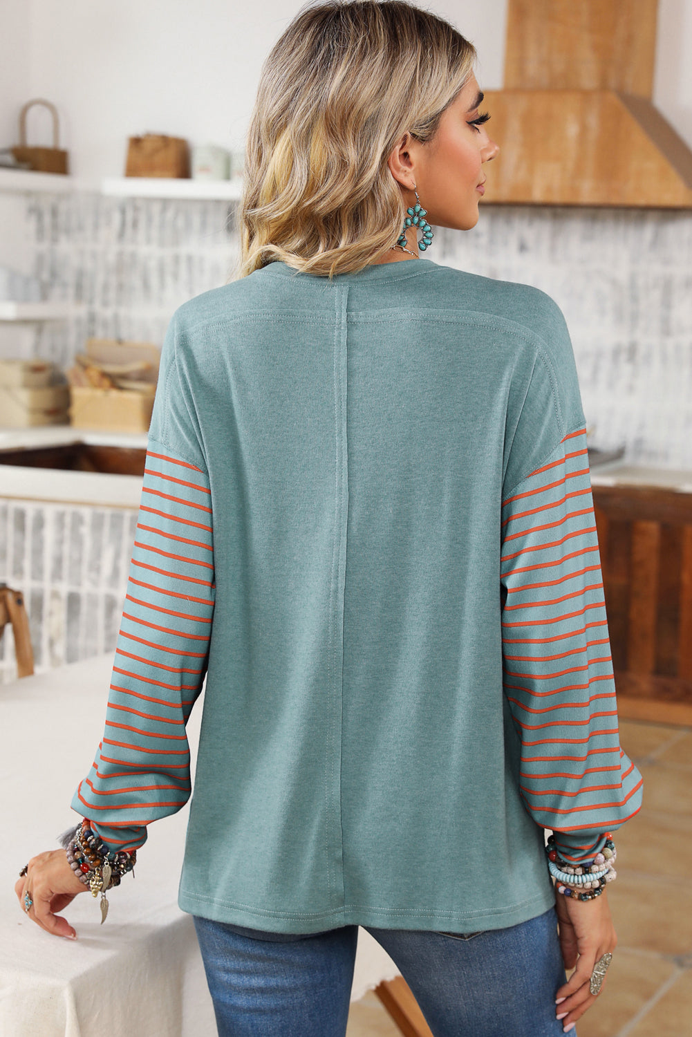 Green Colorblock Striped Bishop Sleeve Top with Side Slits