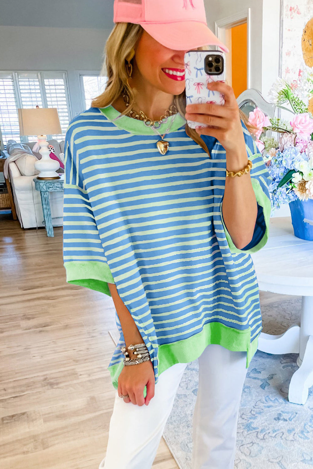 Green Stripe Colorblock Drop Sleeve Loose Top