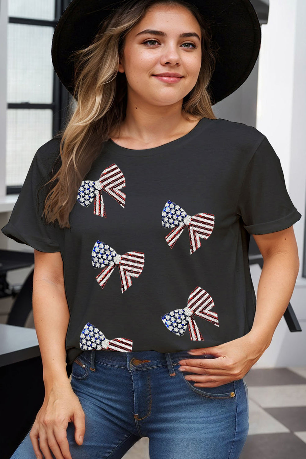 White Sequined American Flag Bow Knot Graphic Plus Size Tee