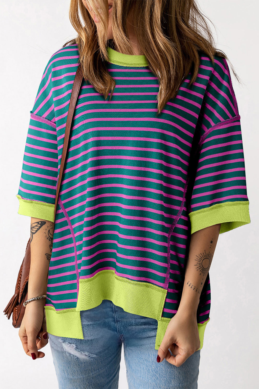 Green Stripe Colorblock Drop Sleeve Loose Top