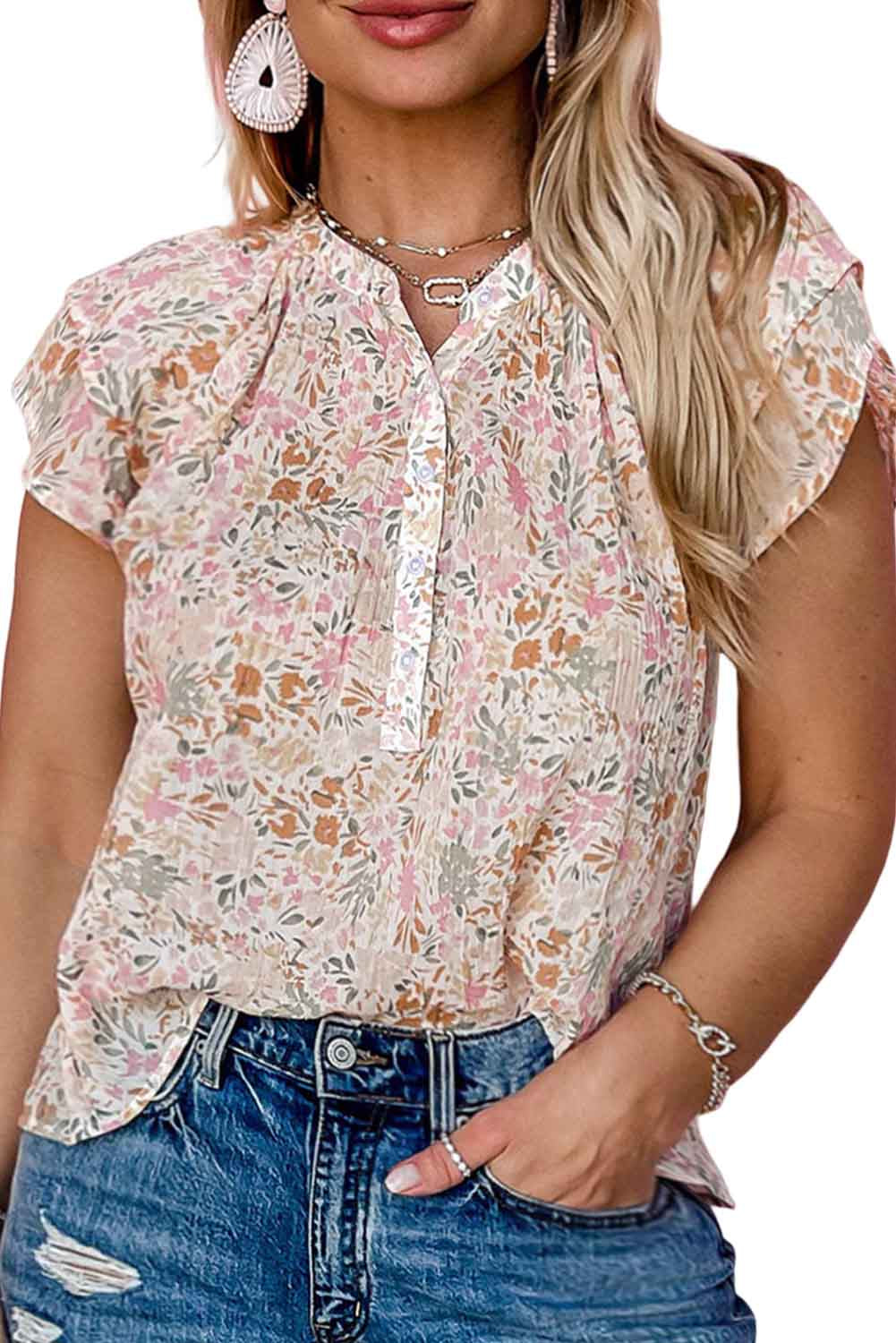 Multicolor Plus Size Floral Mandarin Collar Blouse