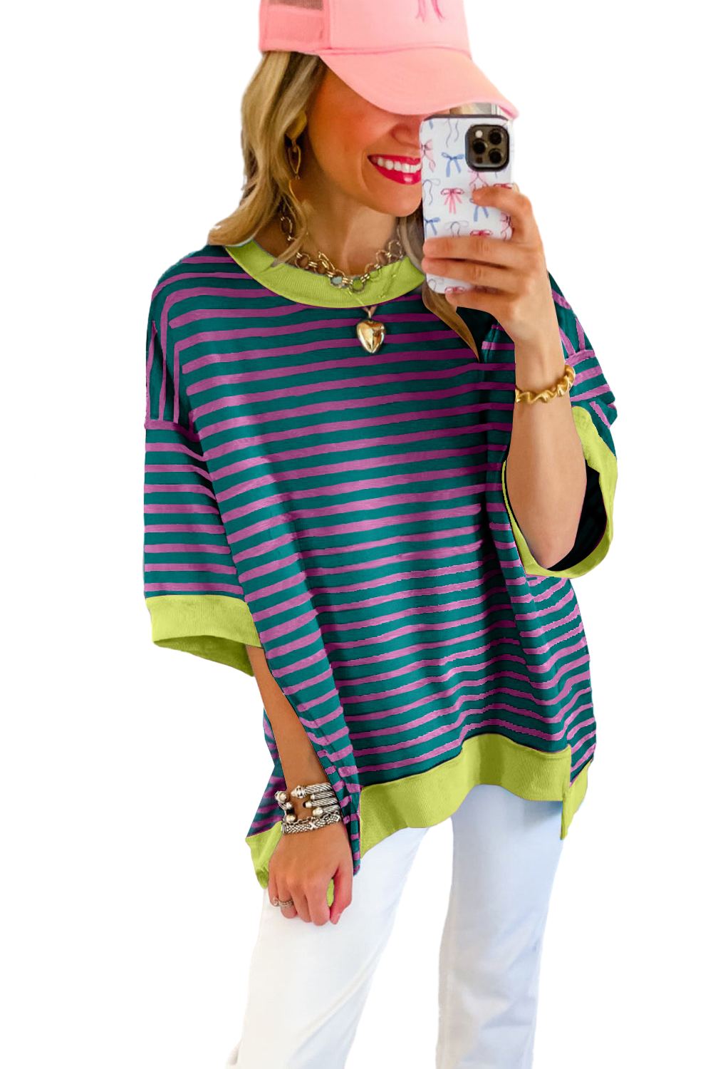 Green Stripe Colorblock Drop Sleeve Loose Top