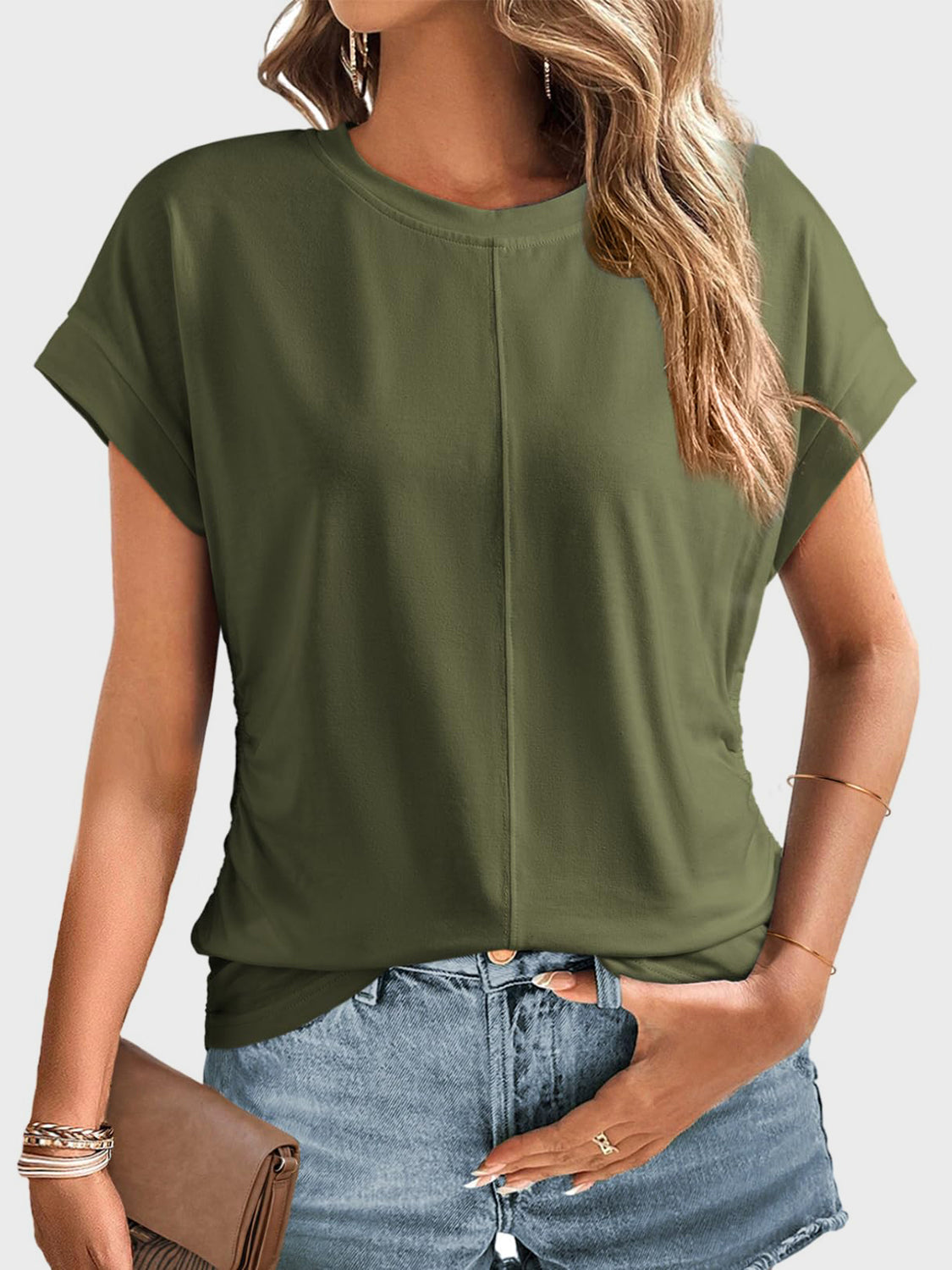 Ruched Round Neck Short Sleeve T-Shirt