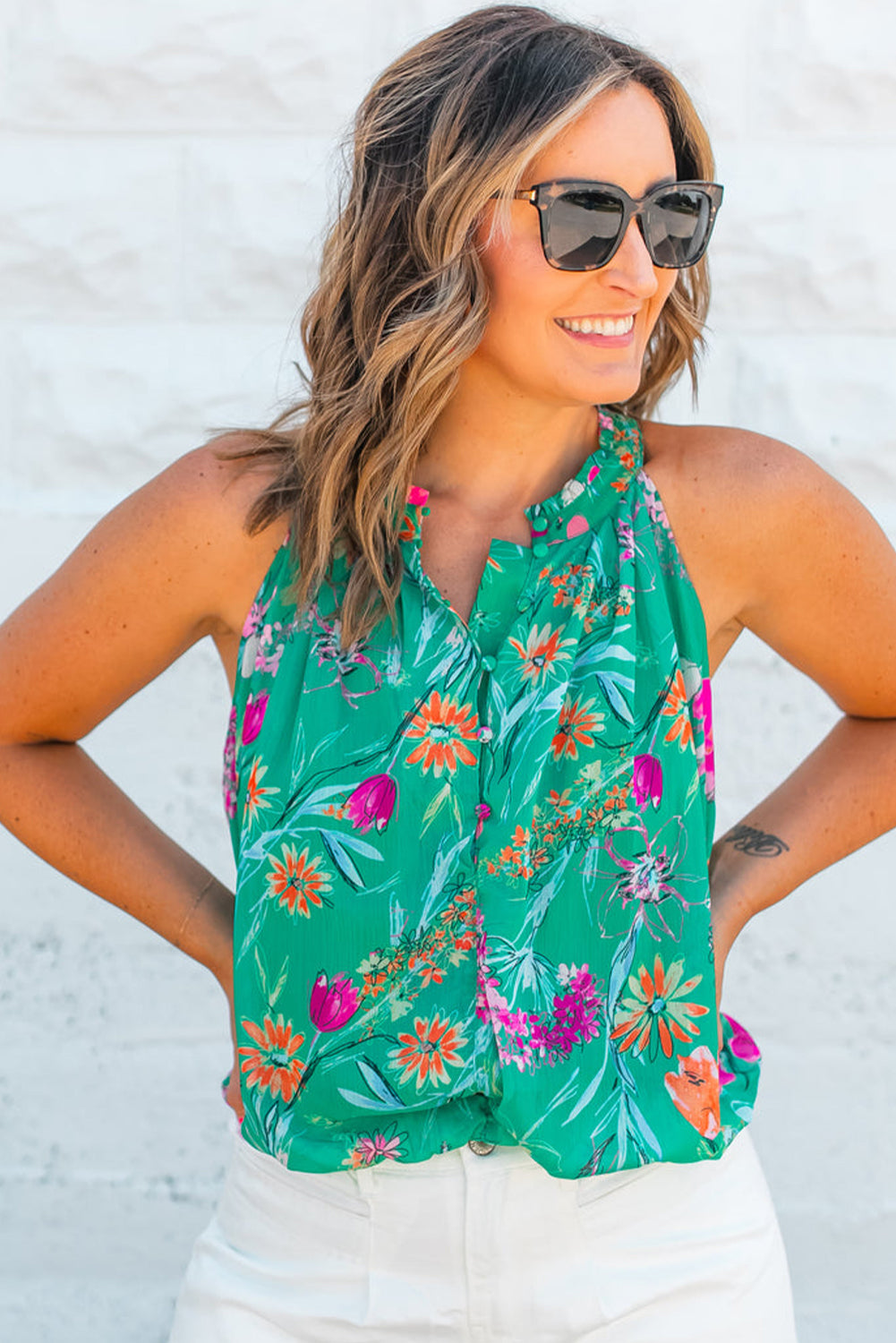 Sky Blue Boho Floral Print Button Front Sleeveless Blouse