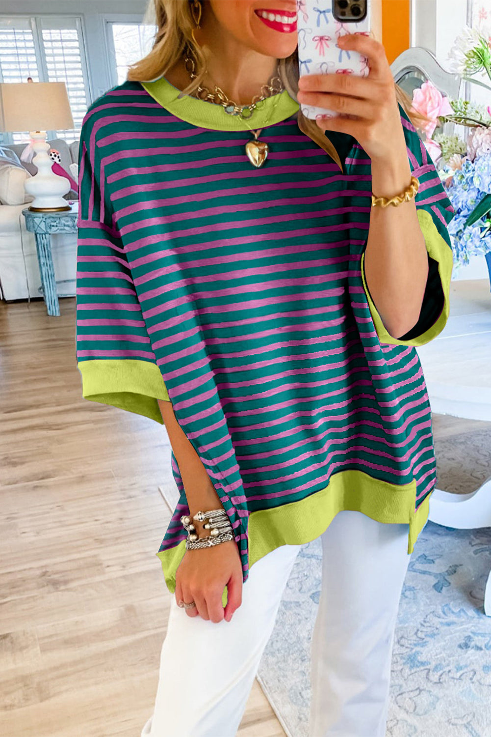 Green Stripe Colorblock Drop Sleeve Loose Top