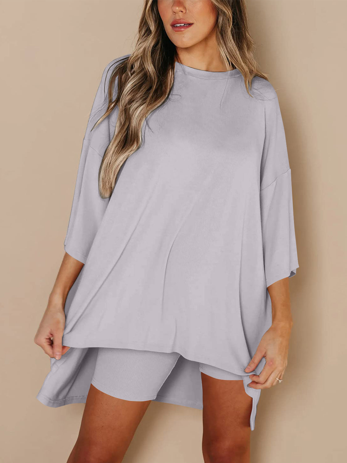 Full Size Round Neck Top and Skinny Shorts Set