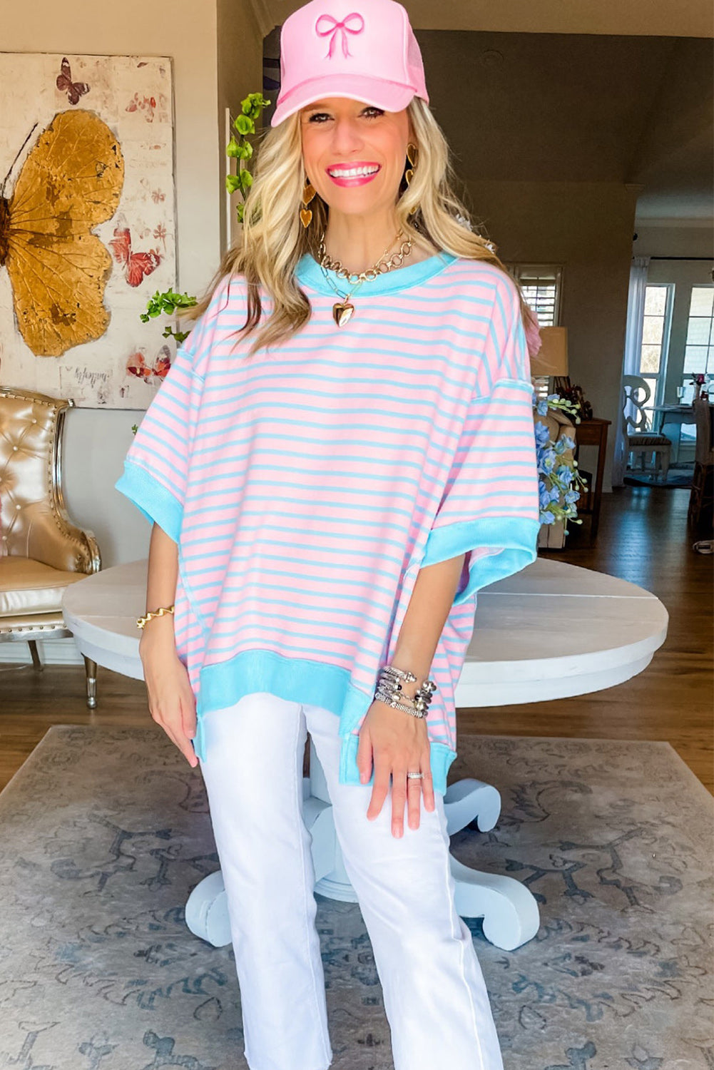 Green Stripe Colorblock Drop Sleeve Loose Top