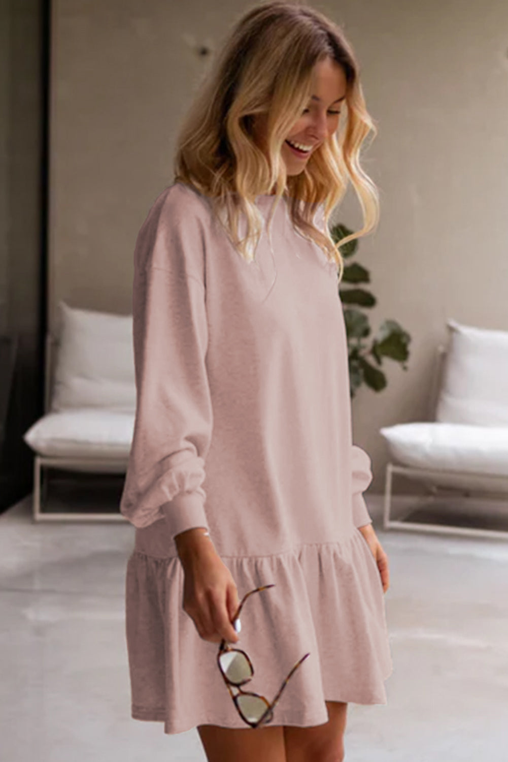 Dusty Pink Plain Ruffle Hem Mini Sweatshirt Dress