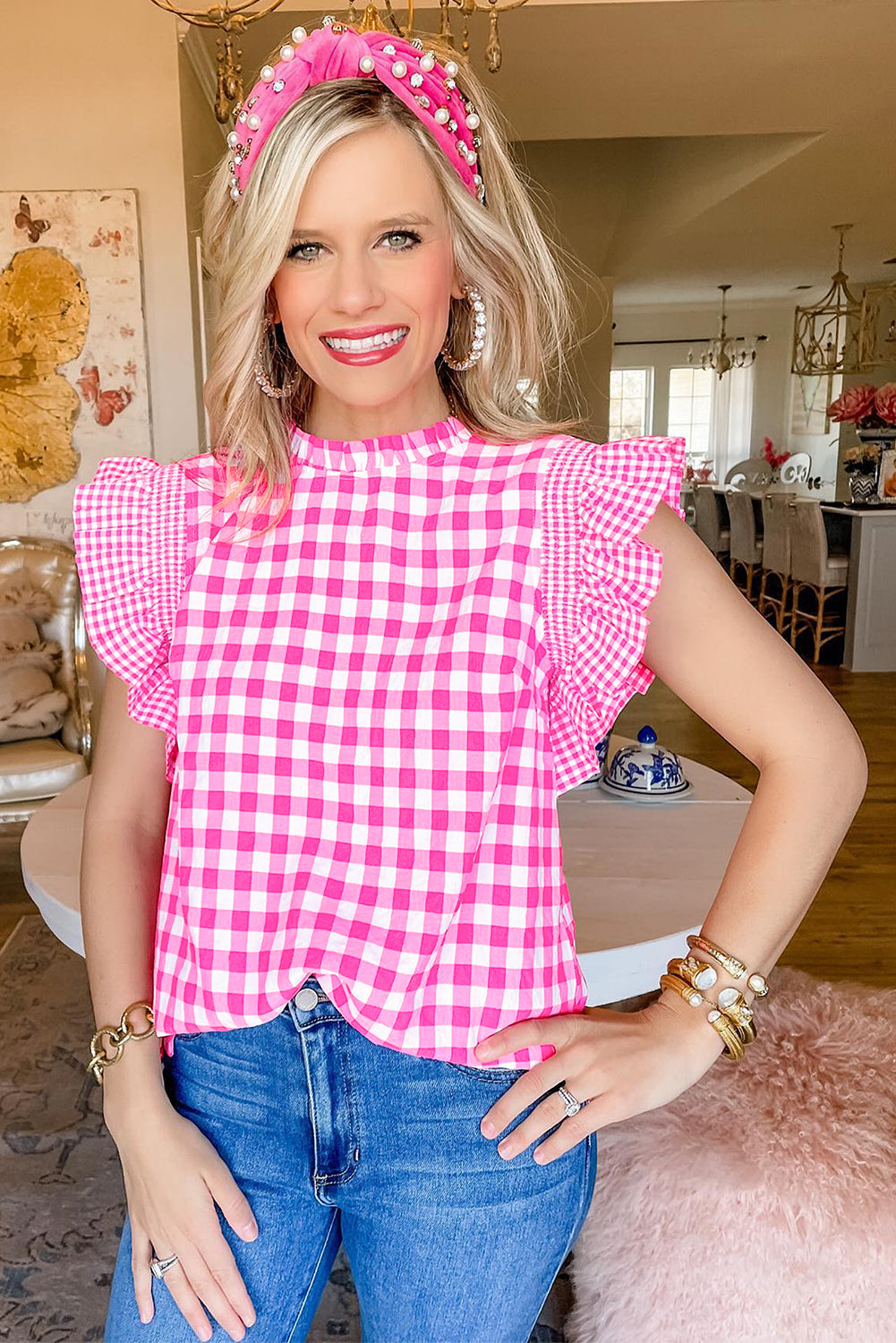 Rose Red Checkered Ruffled Trim Frilled Neck Blouse