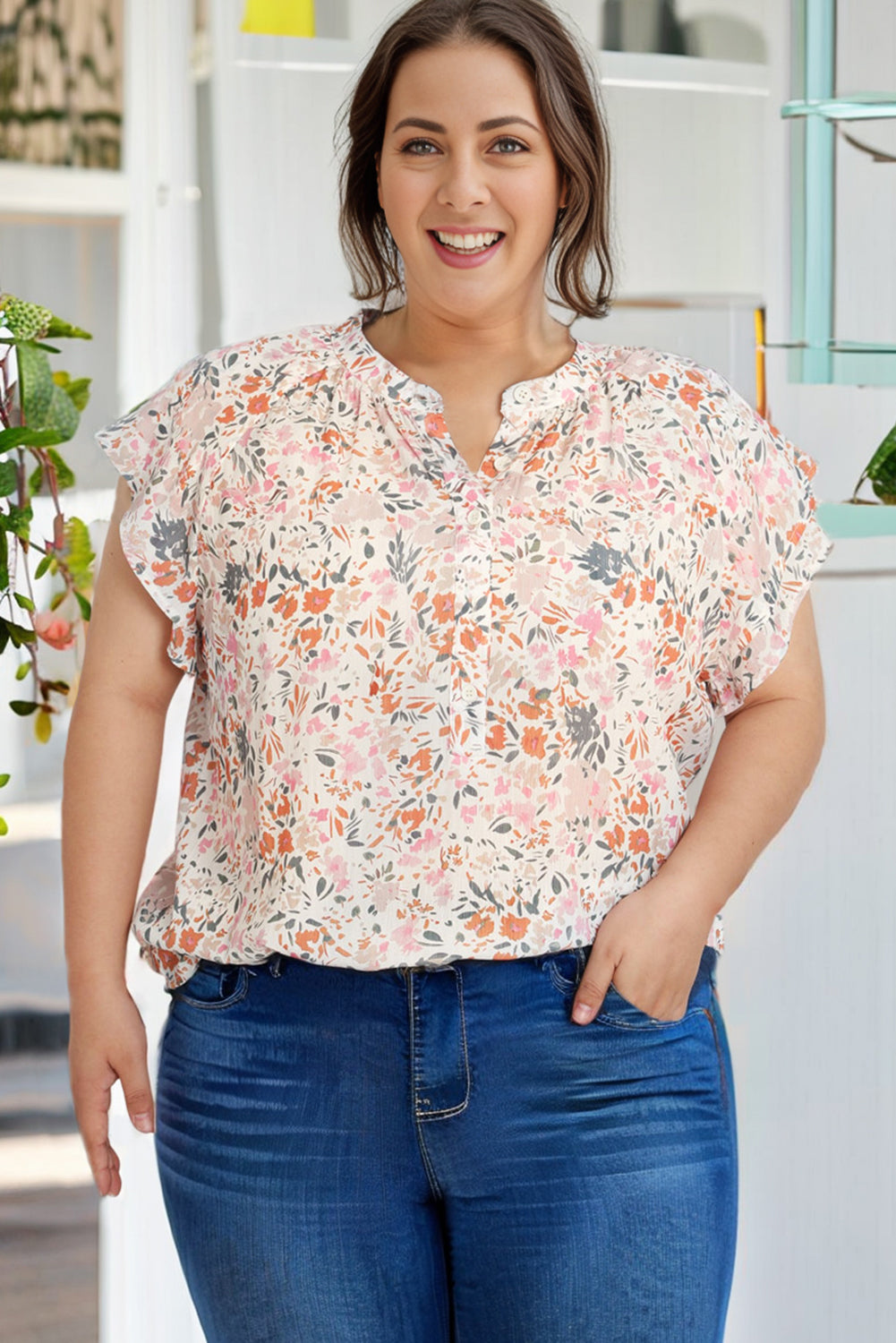 Multicolor Plus Size Floral Mandarin Collar Blouse