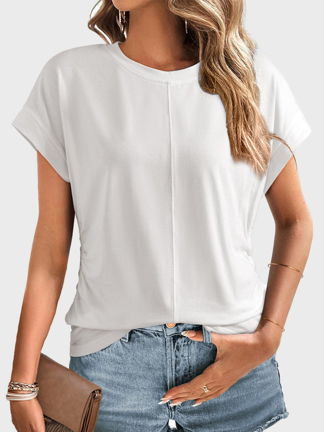 Ruched Round Neck Short Sleeve T-Shirt