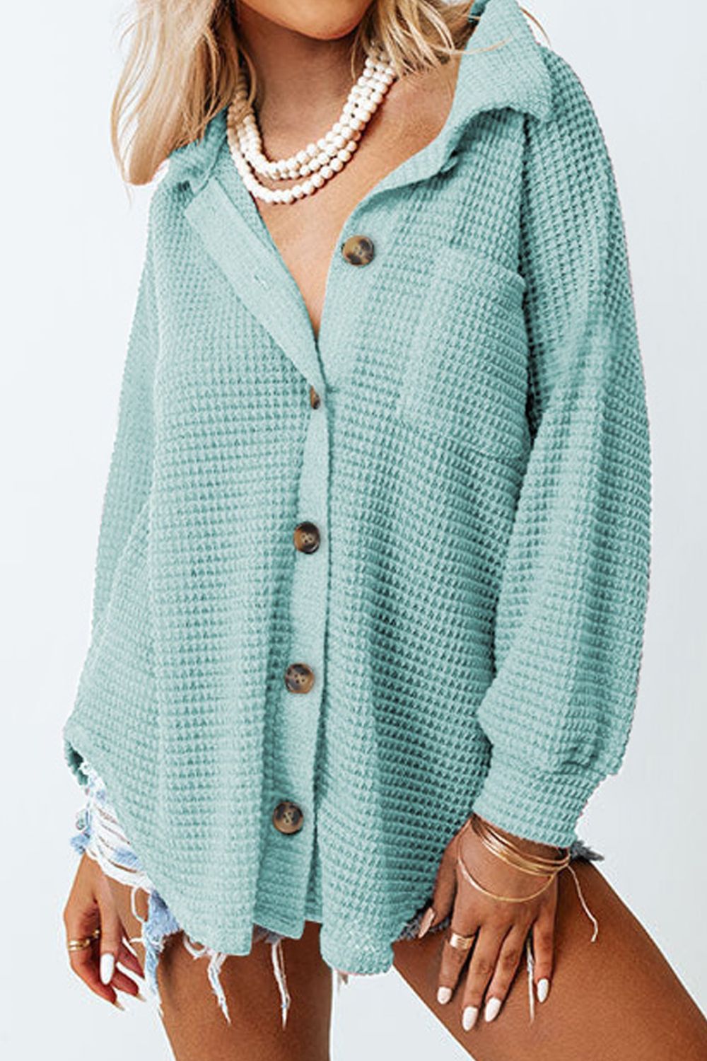 Waffle-Knit Collared Neck Long Sleeve Shirt