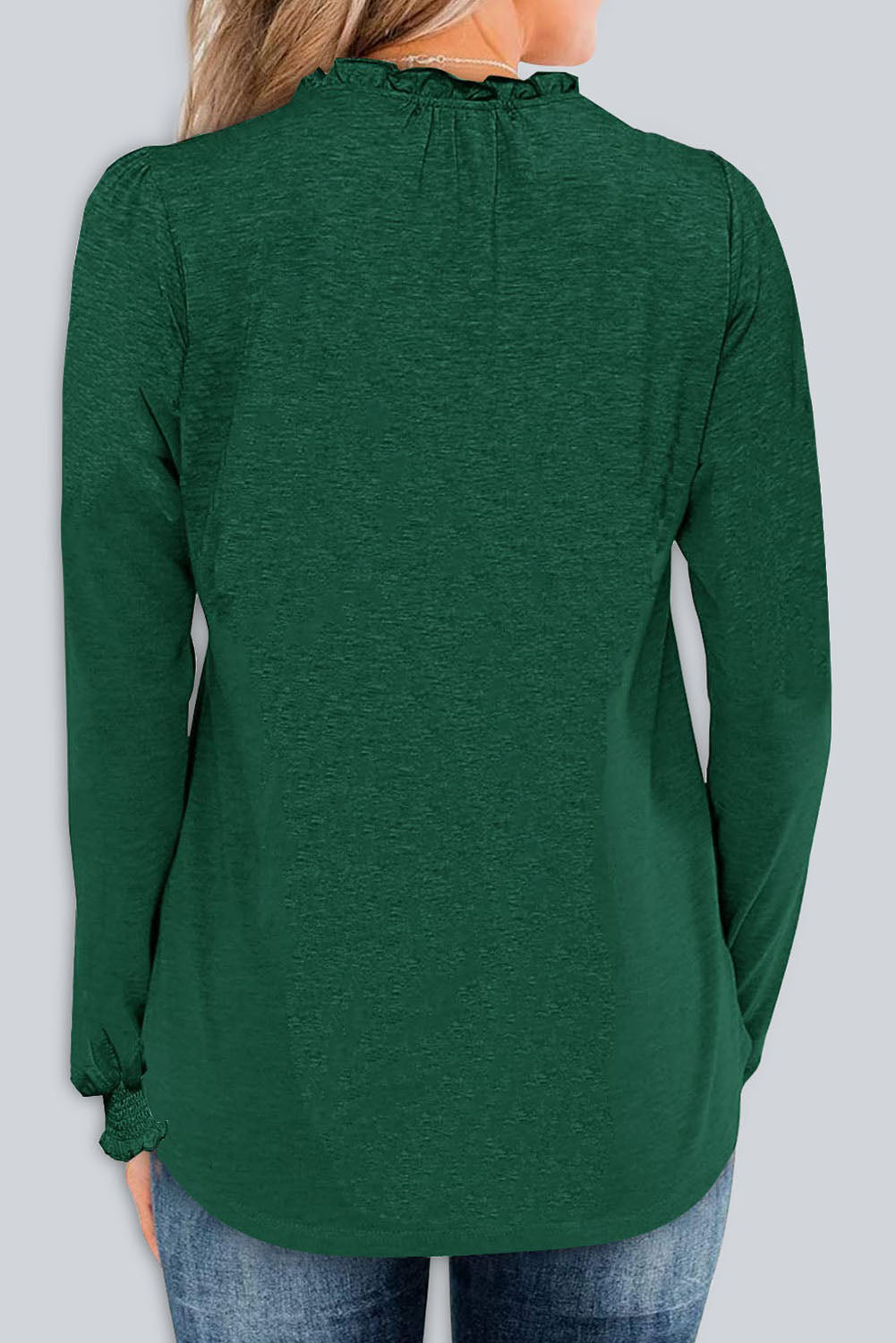 Green Solid Color Notch Neck Basic Long Sleeve Top