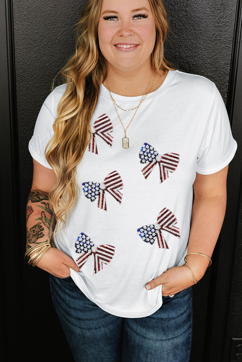 White Sequined American Flag Bow Knot Graphic Plus Size Tee