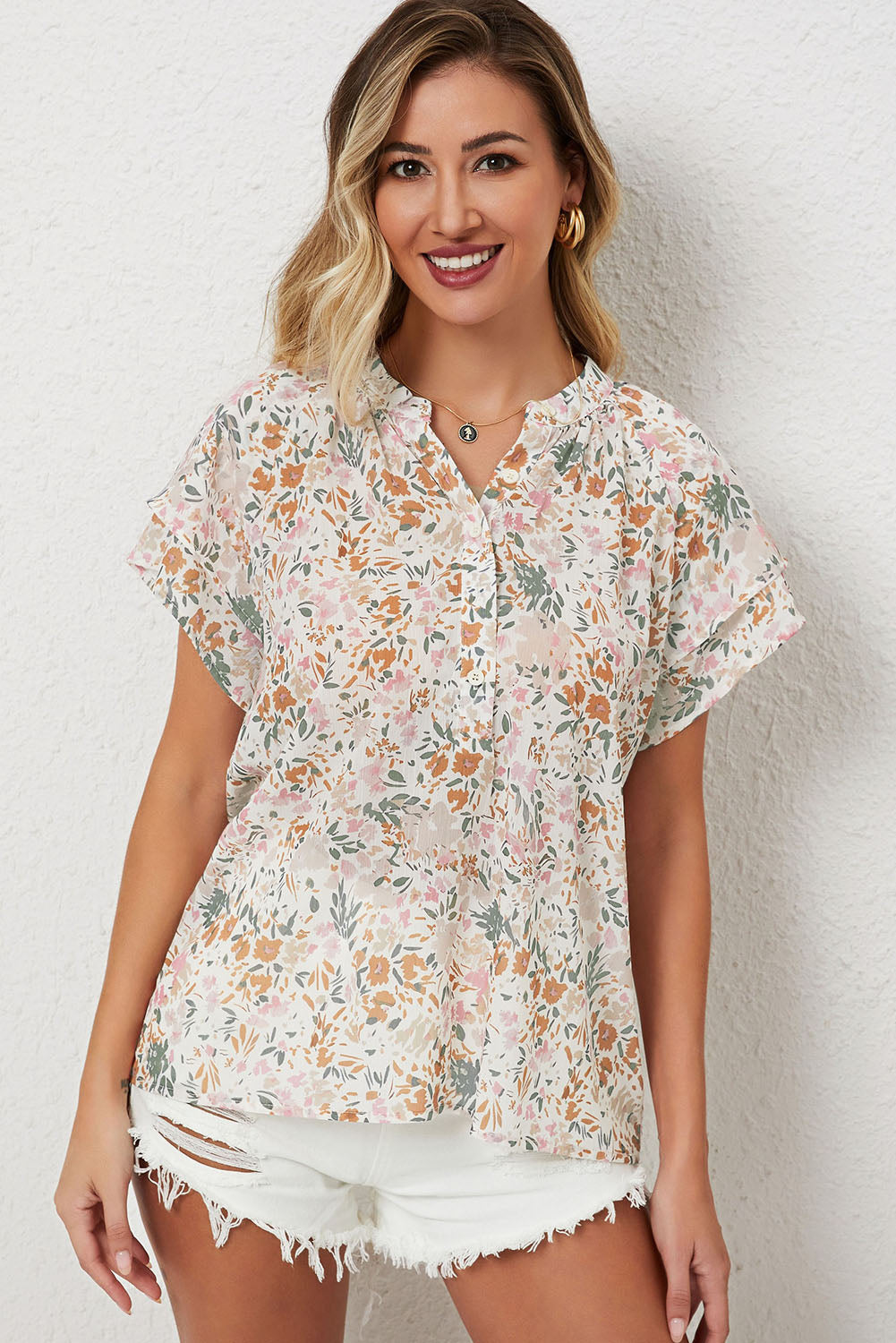 Multicolor Plus Size Floral Mandarin Collar Blouse