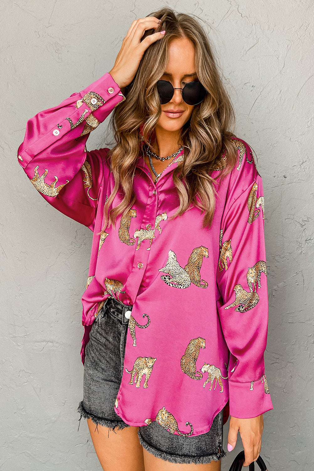 Rose Red Animal Print Button Up Satin Shirt