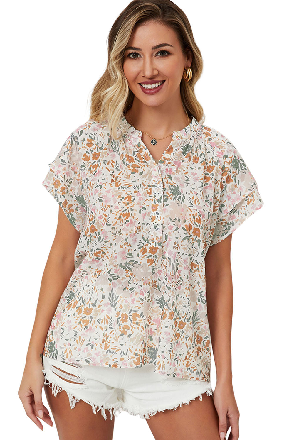 Multicolor Plus Size Floral Mandarin Collar Blouse