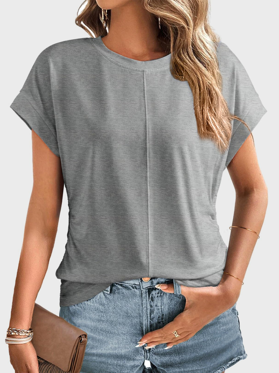 Ruched Round Neck Short Sleeve T-Shirt