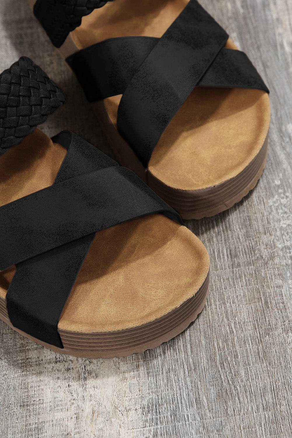 Black Braided Detail Criss Cross Platform Slippers